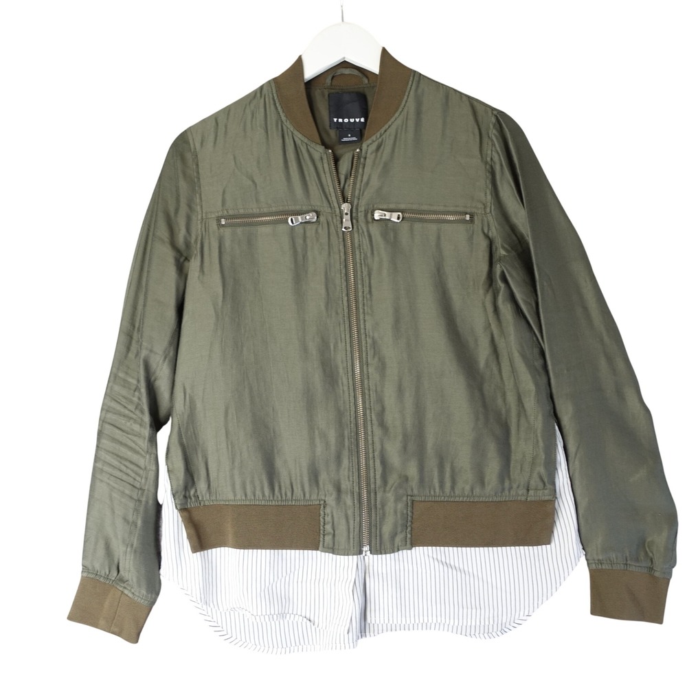 Trouve‎ Bomber Jacket Womens S Olive Green Utility Layered Striped Shirt Zip Up